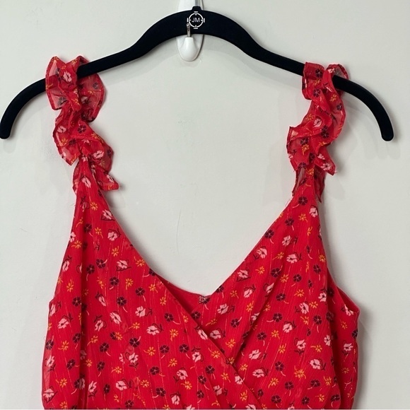 Madewell Ruffle Strap Wrap Dress Metallic Stripes Prairie Posies Red Floral - Picture 5 of 11